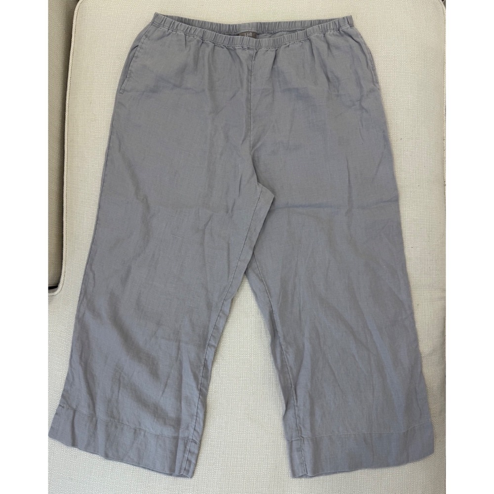 J. Jill Pants Womens Large Gray 100% Linen Elastic Waist Crop Wide Leg Excellent
